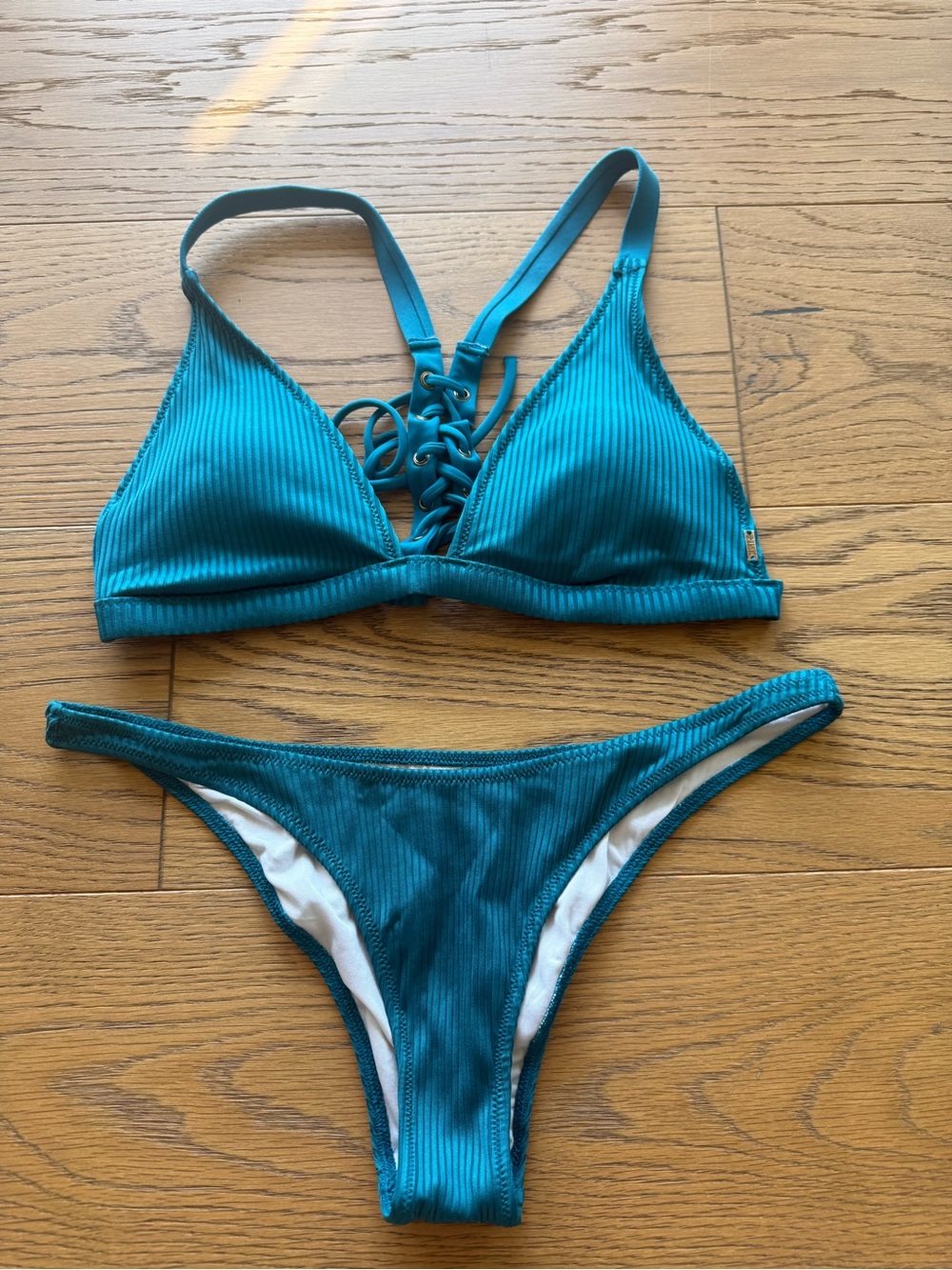 Victoria's Secret PINK Teal Ribbed Lace-Up Triangle Bikini Set